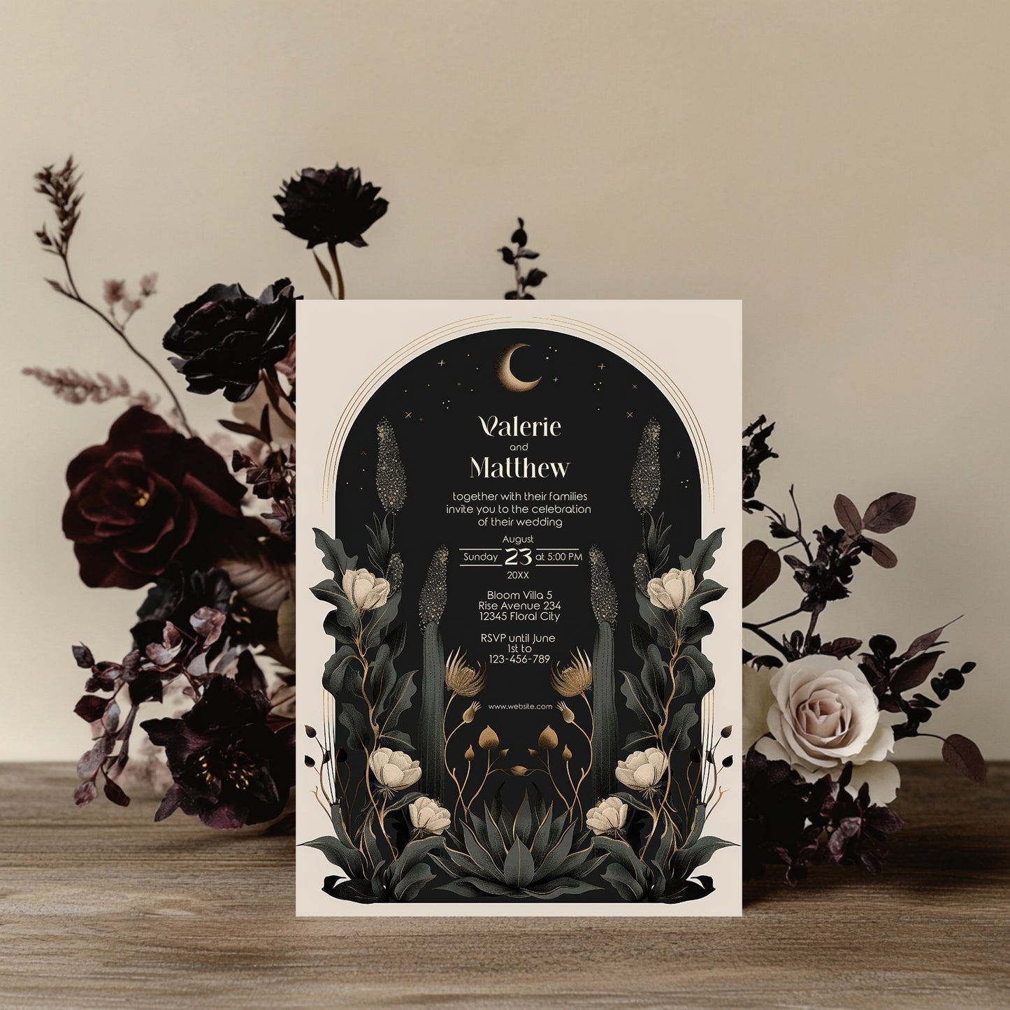 Moody Celestial Wedding Invitation - Moon and Stars Design with Floral Accents