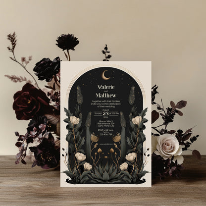 Moody Celestial Wedding Invitation - Moon and Stars Design with Floral Accents