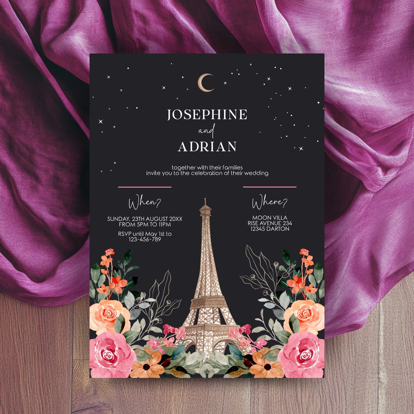 Dark Wedding Invitation – Romantic Eiffel Tower with Celestial Floral Design
