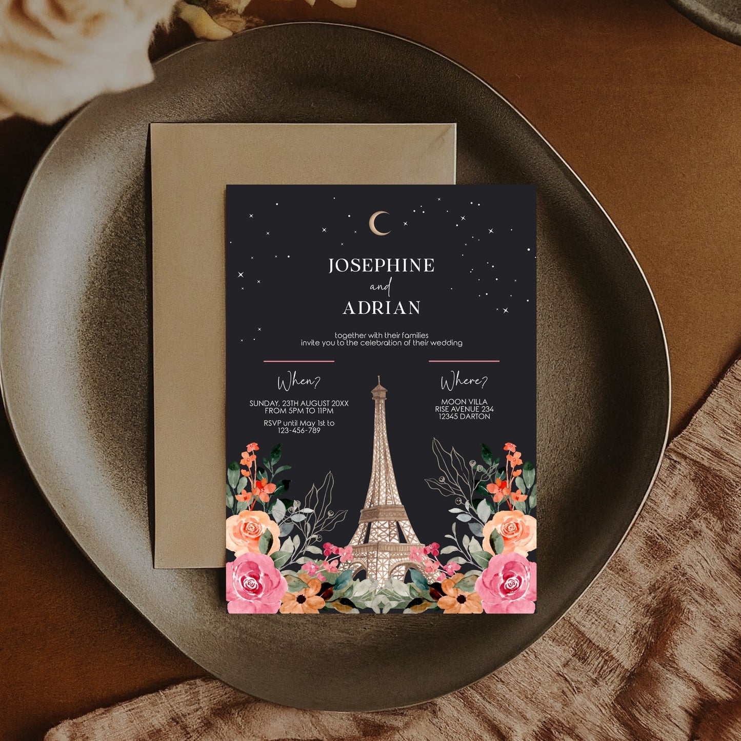 Dark Wedding Invitation – Romantic Eiffel Tower with Celestial Floral Design