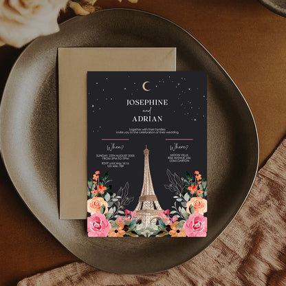 Dark Wedding Invitation – Romantic Eiffel Tower with Celestial Floral Design