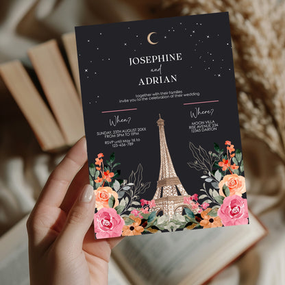 Dark Wedding Invitation – Romantic Eiffel Tower with Celestial Floral Design