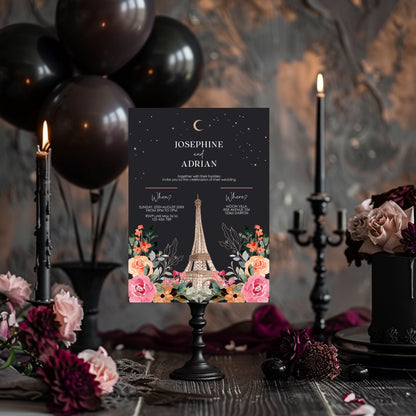 Dark Wedding Invitation – Romantic Eiffel Tower with Celestial Floral Design