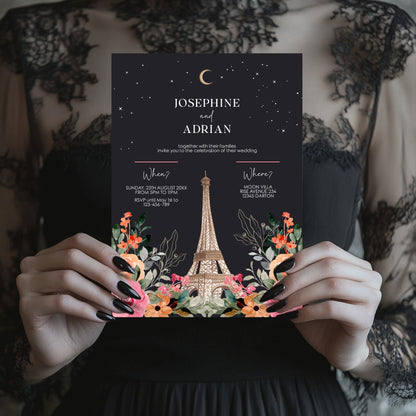 Dark Wedding Invitation – Romantic Eiffel Tower with Celestial Floral Design
