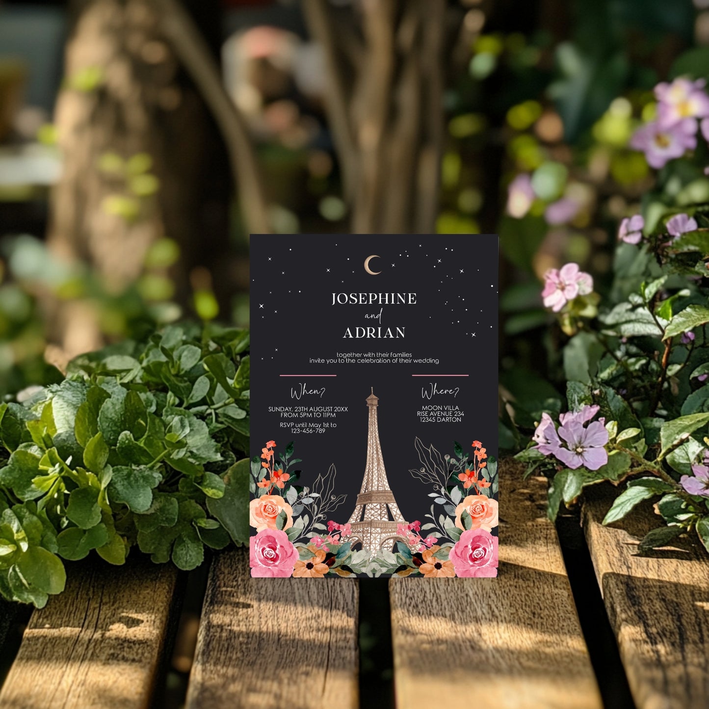 Dark Wedding Invitation – Romantic Eiffel Tower with Celestial Floral Design