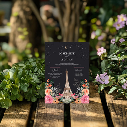Dark Wedding Invitation – Romantic Eiffel Tower with Celestial Floral Design