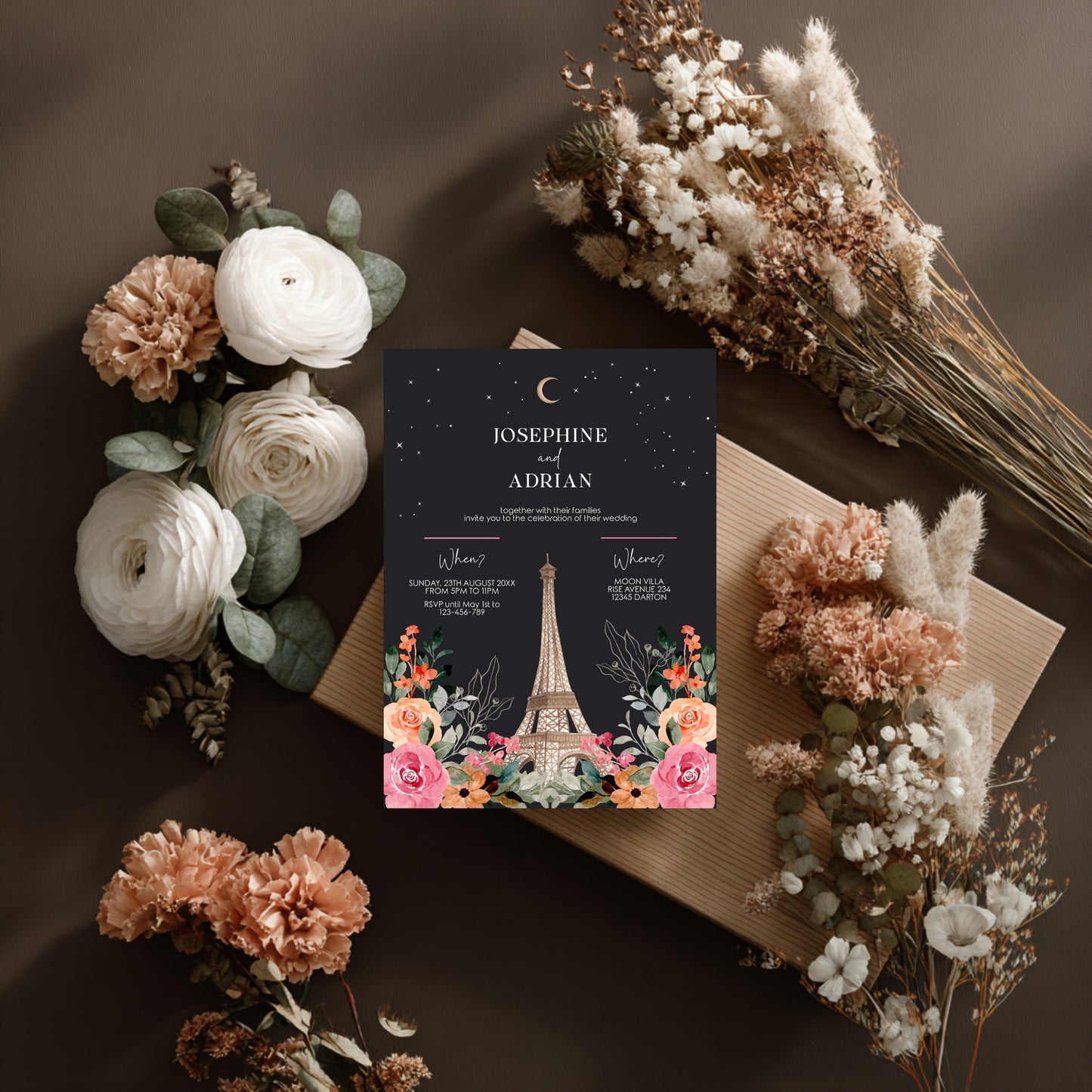 Dark Wedding Invitation – Romantic Eiffel Tower with Celestial Floral Design