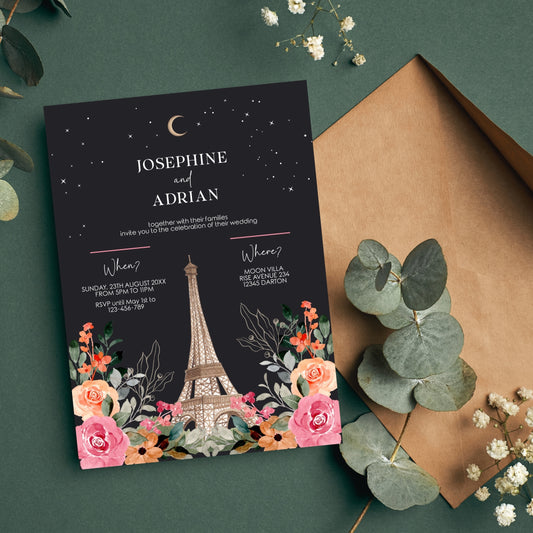Dark Wedding Invitation – Romantic Eiffel Tower with Celestial Floral Design