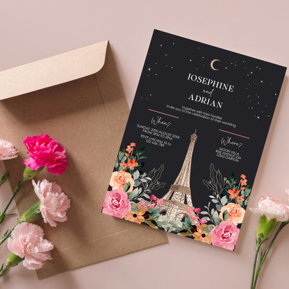 Dark Wedding Invitation – Romantic Eiffel Tower with Celestial Floral Design