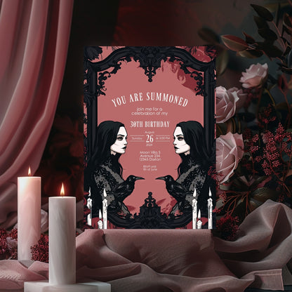 Gothic Raven and Victorian Witch Birthday Party Invitation