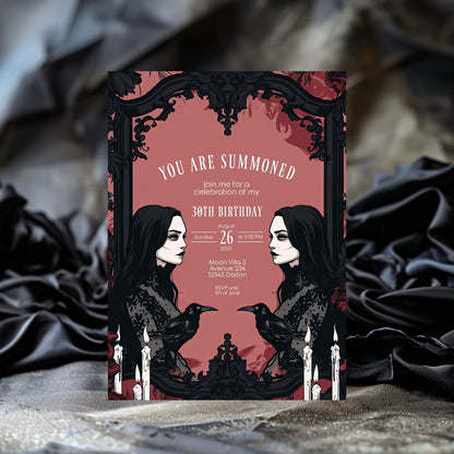 Gothic Raven and Victorian Witch Birthday Party Invitation