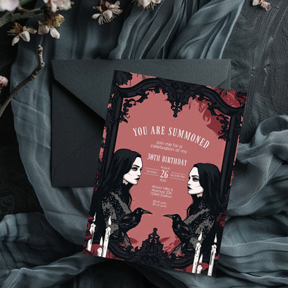 Gothic Raven and Victorian Witch Birthday Party Invitation