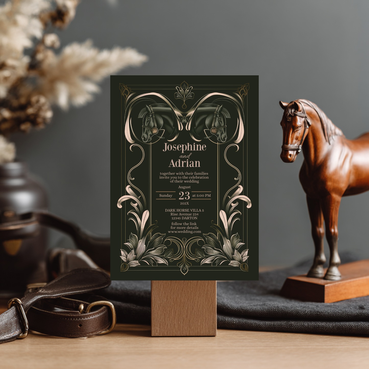 Dark Equestrian Wedding Invitation - Elegant Vintage Design with Floral Elements & Dark Horse Romance