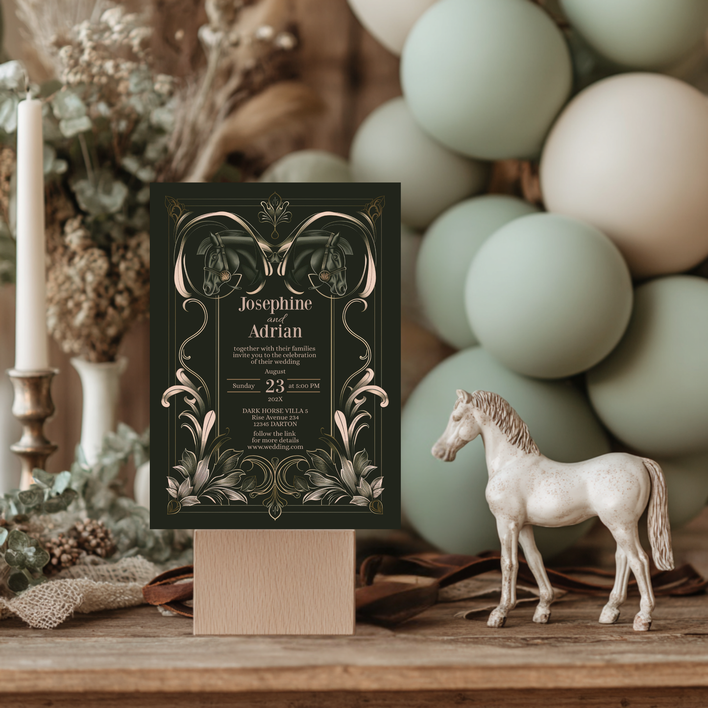 Dark Equestrian Wedding Invitation - Elegant Vintage Design with Floral Elements & Dark Horse Romance