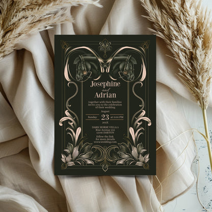 Dark Equestrian Wedding Invitation - Elegant Vintage Design with Floral Elements & Dark Horse Romance