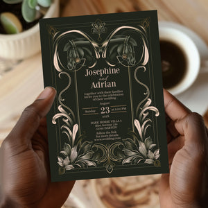Dark Equestrian Wedding Invitation - Elegant Vintage Design with Floral Elements & Dark Horse Romance