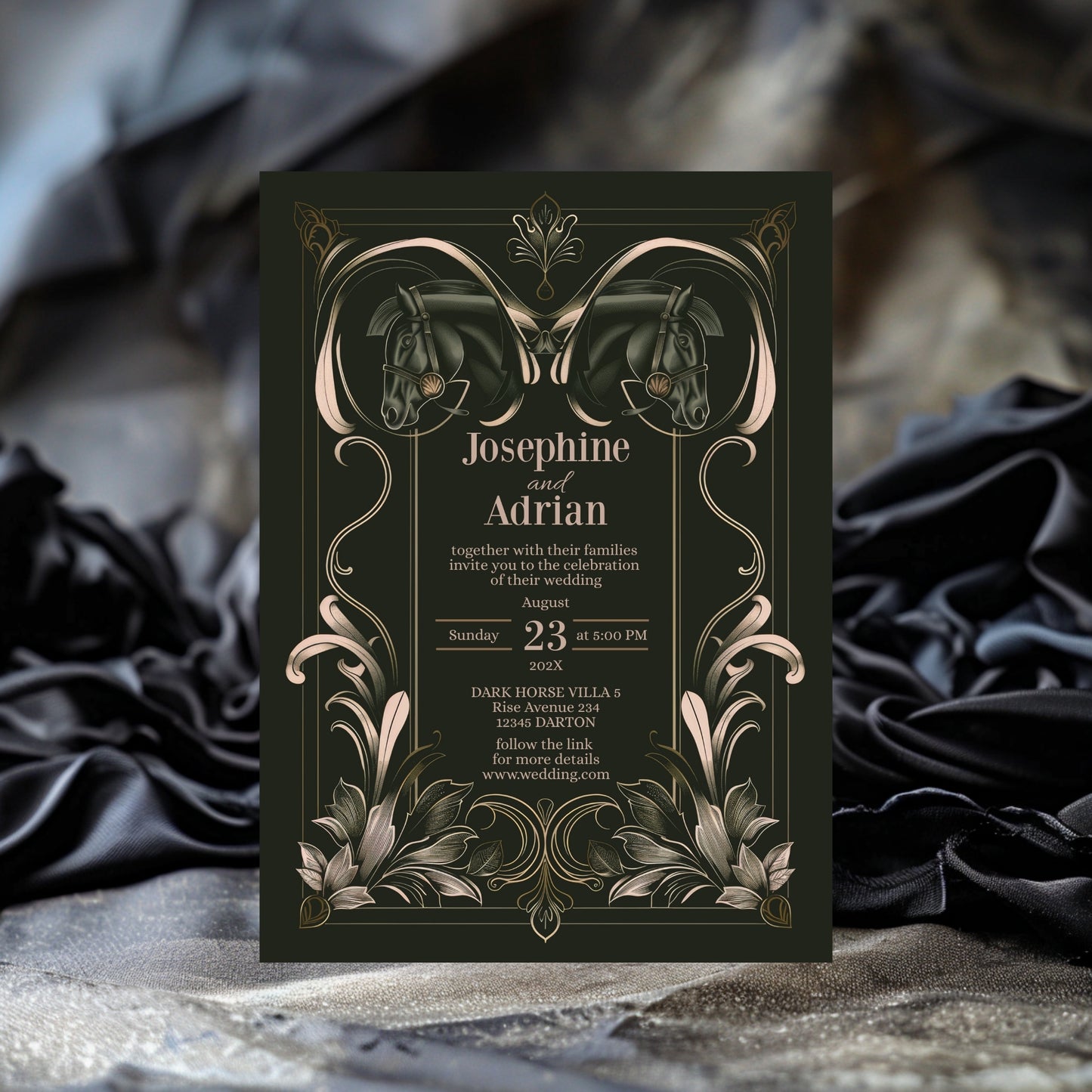 Dark Equestrian Wedding Invitation - Elegant Vintage Design with Floral Elements & Dark Horse Romance