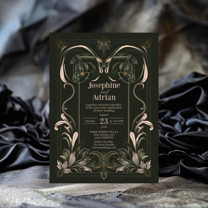 Dark Equestrian Wedding Invitation - Elegant Vintage Design with Floral Elements & Dark Horse Romance