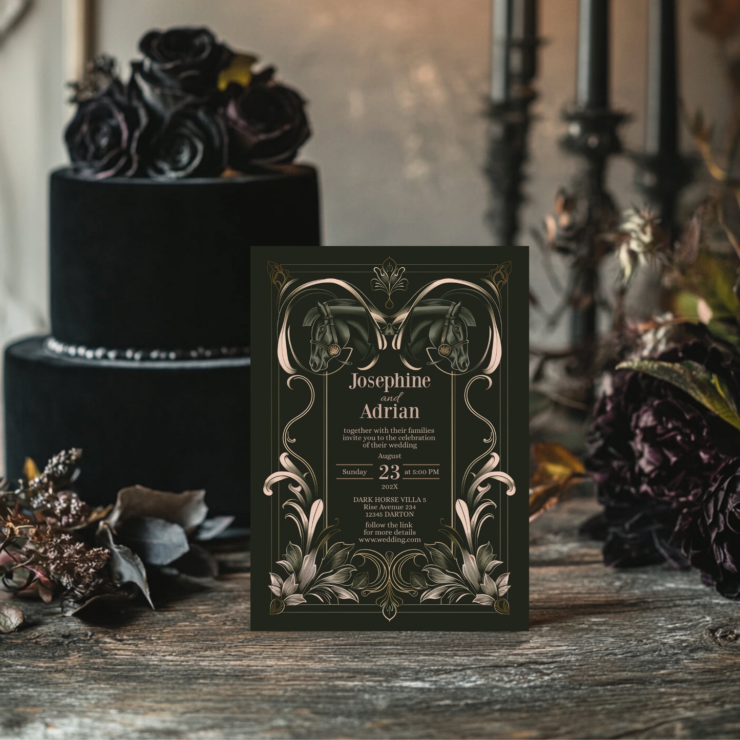 Dark Equestrian Wedding Invitation - Elegant Vintage Design with Floral Elements & Dark Horse Romance