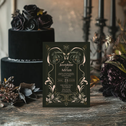Dark Equestrian Wedding Invitation - Elegant Vintage Design with Floral Elements & Dark Horse Romance