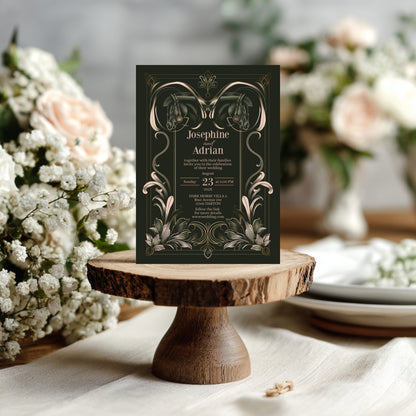 Dark Equestrian Wedding Invitation - Elegant Vintage Design with Floral Elements & Dark Horse Romance