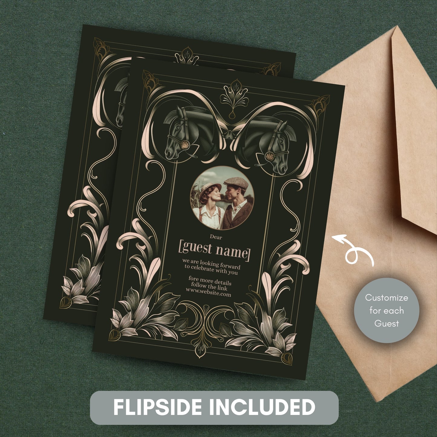Dark Equestrian Wedding Invitation - Elegant Vintage Design with Floral Elements & Dark Horse Romance
