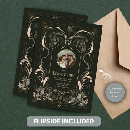 Dark Equestrian Wedding Invitation - Elegant Vintage Design with Floral Elements & Dark Horse Romance