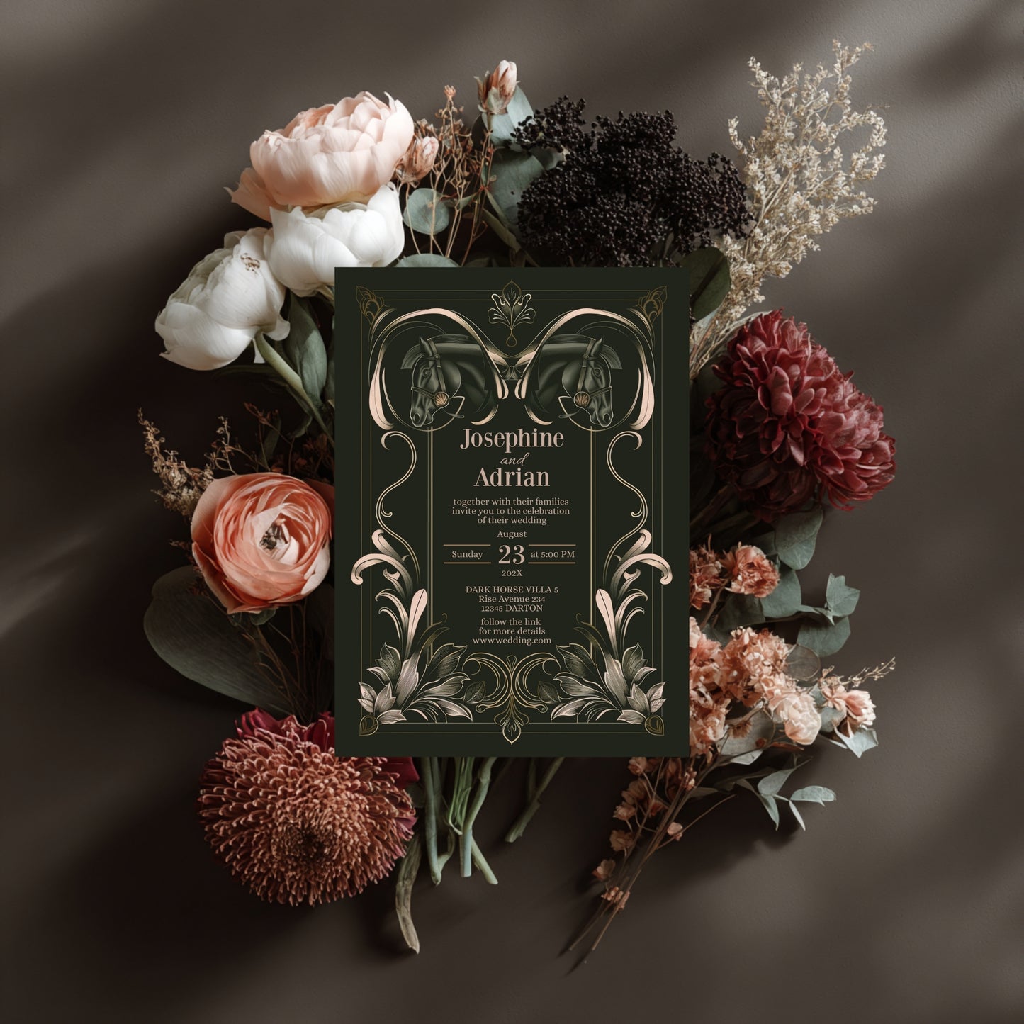 Dark Equestrian Wedding Invitation - Elegant Vintage Design with Floral Elements & Dark Horse Romance