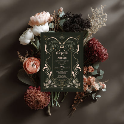 Dark Equestrian Wedding Invitation - Elegant Vintage Design with Floral Elements & Dark Horse Romance