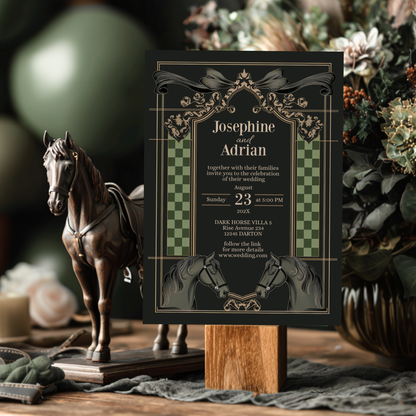 Dark Equestrian Wedding Invitation – Template with Vintage, Floral & Checkered Details and Dark Horse Romance