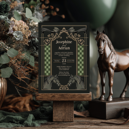 Dark Equestrian Wedding Invitation – Template with Vintage, Floral & Checkered Details and Dark Horse Romance