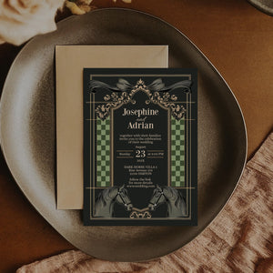 Dark Equestrian Wedding Invitation – Template with Vintage, Floral & Checkered Details and Dark Horse Romance