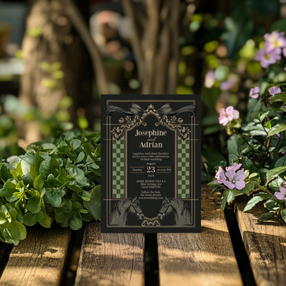 Dark Equestrian Wedding Invitation – Template with Vintage, Floral & Checkered Details and Dark Horse Romance