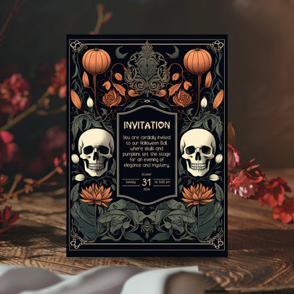 Gothic Baroque Halloween Invitation - Elegant Skull & Pumpkin Party Card