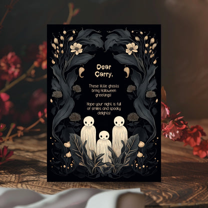 Whimsical Gothic Halloween Invitation - Cute Ghost and Botanical Design
