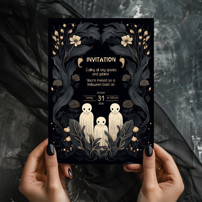 Whimsical Gothic Halloween Invitation - Cute Ghost and Botanical Design