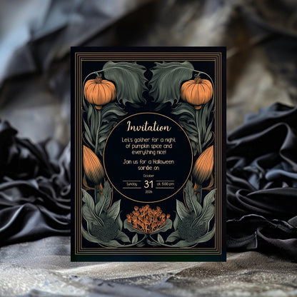 Autumn Gothic Halloween Invitation - Pumpkin and Floral Harvest Design