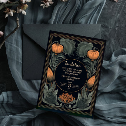 Autumn Gothic Halloween Invitation - Pumpkin and Floral Harvest Design