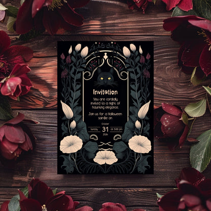 Gothic Art Nouveau Halloween Invitation - Mystic Black Cat