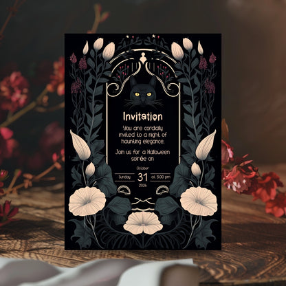 Gothic Art Nouveau Halloween Invitation - Mystic Black Cat