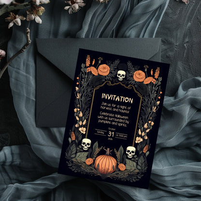 Harvest Gothic Halloween Invitation - Pumpkin and Skull Autumnal Design