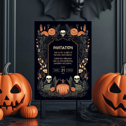 Harvest Gothic Halloween Invitation - Pumpkin and Skull Autumnal Design