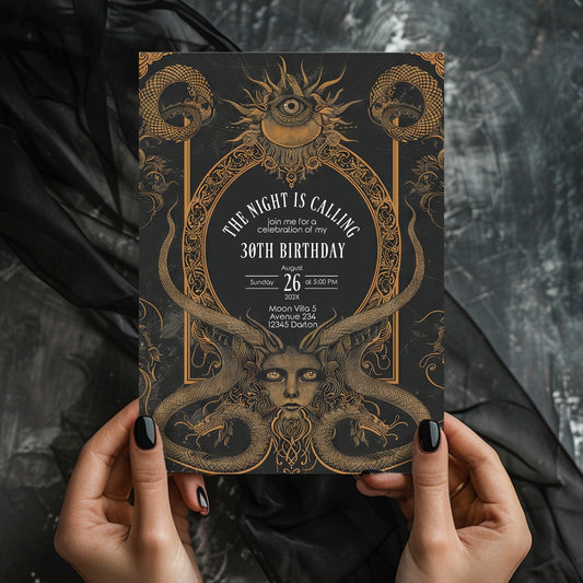Gothic Art Deco Birthday Invitation - with Serpents & Mystical Eyes | Medusa