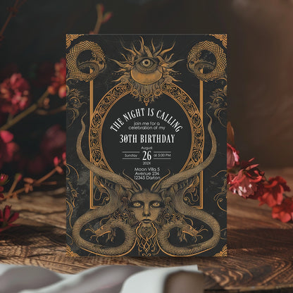 Gothic Art Deco Birthday Invitation - with Serpents & Mystical Eyes | Medusa