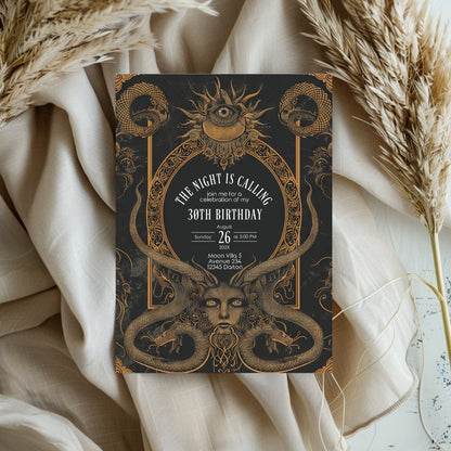 Gothic Art Deco Birthday Invitation - with Serpents & Mystical Eyes | Medusa