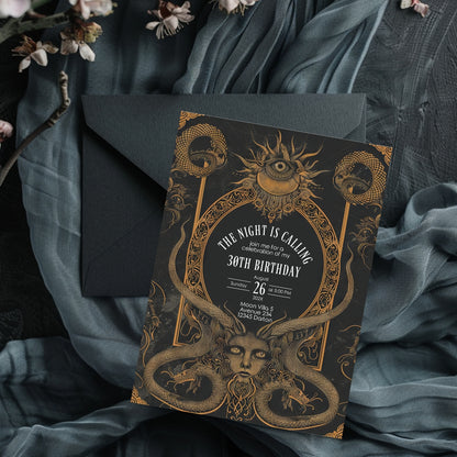Gothic Art Deco Birthday Invitation - with Serpents & Mystical Eyes | Medusa