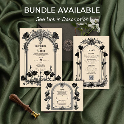 Gothic Poppy Baroque Wedding Invitation – Dark Vintage Floral Arch Design