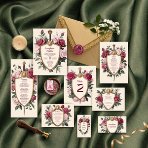 Medieval Wedding Invitation Set - Lion Crest, Roses and Gold Shield, Editable 8 items