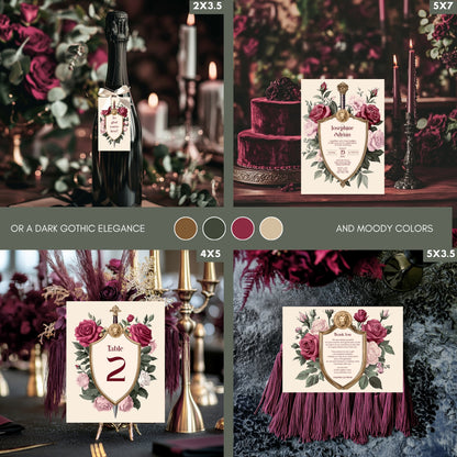 Medieval Wedding Invitation Set - Lion Crest, Roses and Gold Shield, Editable 8 items