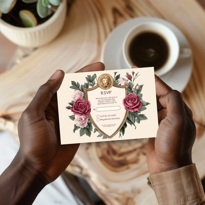 Medieval Wedding Invitation Set - Lion Crest, Roses and Gold Shield, Editable 8 items